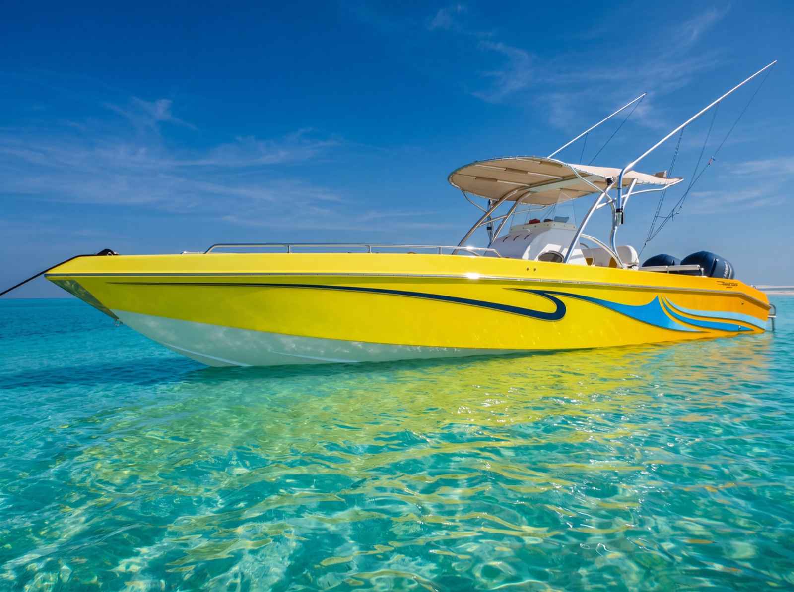 Yellow Pearl Craft boat on clear turquoise water